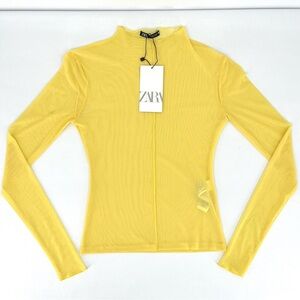 Zara Golden Rod Yellow Sheer Mock Neck Long Sleeve Top Size S